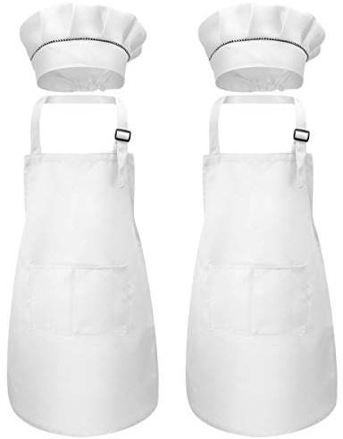 Disino 4 Stück Weiß Kinder Schürze und Kochmütze Set, Kinder Verstellbare Kochschürze mit 2 Taschen für Jungen Mädchen, Kind Küchenschürzen für Küche Kochen Malerei Backen (7-13 Jahre)