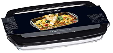 Ritzenhoff & Breker Cucina Auflaufform, Rechteckige Ofenform mit Frischhaltedeckel, 1950 ml, Spülmaschinenfest, Glas/Kunststoff, Transparent/Schwarz