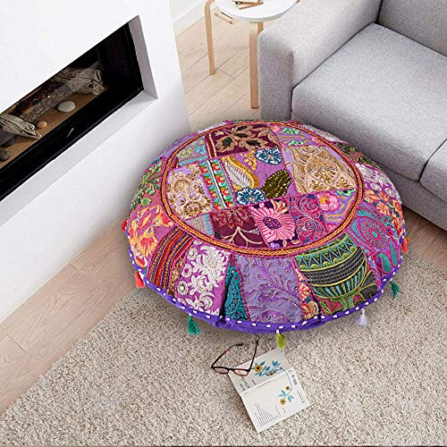 flyingasedgle Indisches handgefertigtes buntes Bodendekor, rundes Kissen, 81,3 cm, böhmisches Meditationskissen, Bodenkissen, indische Sitzfläche, Ottoman-Bezug (lila)