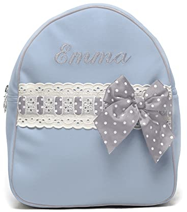 Babyrucksack Kindergartenrucksack Kindergartentasche Backpack mit Namen personalisiert. Emma. Verfügbar in mehreren Farben (Hellblau/Grau)