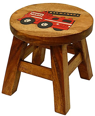 IMAGO Kinderhocker Holz Schemel Kinderstuhl Massivholz bemalt und geschnitzt Höhe 25 cm (Feuerwehr, Brown)