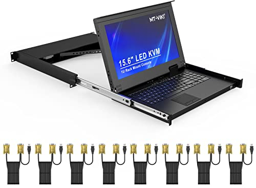 MT-VIKI 15,6'' LCD Monitor KVM Konsole VGA Integrierte Konsole 8 Port für 1U 600-800mm Server-Schrank Touchpad Hotkey OSD 1920x1080 mit 2xSchiene