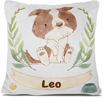 Personalisiertes Babykissen mit Tierdruck – weiches Fleecekissen mit Namen und Datum zur Taufe oder Geburt – Babygeschenk oder Geburtskissen - Kinder Kissenbezug - Kopfkissenbezug (Hund)