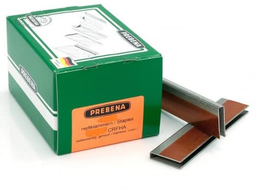 PREBENA E Klammern 25mm rostfrei, 4,0M, 100 Stück, Meißelspitze, Stahl, rostfrei, geharzt, Silber, 1,25x1,00 mm, Bau- und Möbelbau