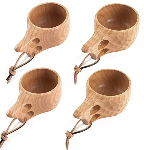 TANFEI Juego de 4 tazas de madera para camping, taza de madera Kuksa, tazas de café de madera de roble natural, taza Kuksa hecha a mano para exteriores y hogar