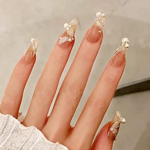 WOOXDYUK Nail Art Set,Press On Nails Medium French Tip, French Pearl Silk Nails, Pack of 24 False Nails with Imported Jelly Glue +1 Nail rub +1 Alcohol Pack +1 Nail Remover