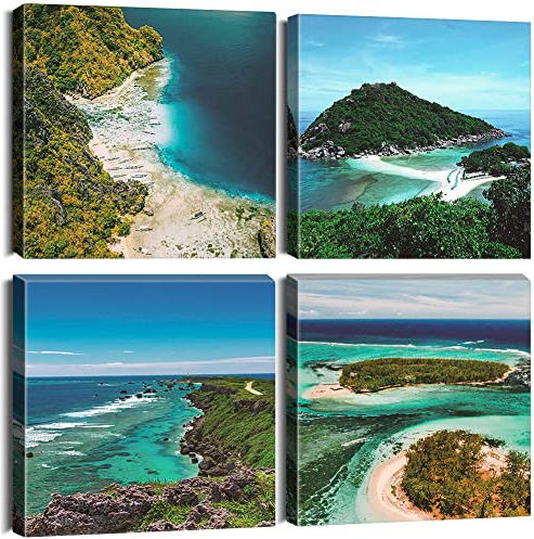 Sungeek 4 Teilig Leinwandbilder mit Holzrahme, Leinwanddruck Bilder 30 x 30 cm, Moderne Wandbilder Kunstdruck Wand Dekoration für Wohnzimmer Schlafzimmer Home Büro Esszimmer (Meerblick)
