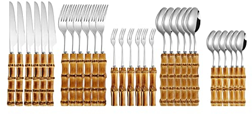 Set di Stoviglie in bambù da 20/30 Pezzi Posate da Tavola retrò in Acciaio Inossidabile con Manico Naturale,30 Pezzi