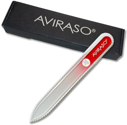 AVIRASO Original Premium Bohemia Crystal Glasnagelfeile beidseitig mit Schutzhülle für alle Nägel - 14cm - Maniküre - Sanftes Präzisionsfeilen - Glasfeile glättet und schützt die Nägel (Rot)