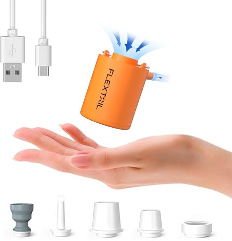 FLEXTAILGEAR Mini Pump 2024, Portable Electric Air Pump, 800mAH Battery Rechargeable, High Flow 180L/min, Fast In/Deflating, Air Mattress, Swimming Ring, Vacuum Storage Bags, Camping & Travel (orange)
