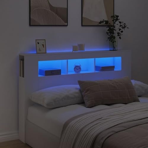 vidaXL Tête de Lit à LED, Tête de Cadre de Lit, Accessoire de Lit Double, Meuble de Chambre à Coucher Maison Intérieur, Blanc 160x18,5x103,5 cm Bois d'Ingénierie