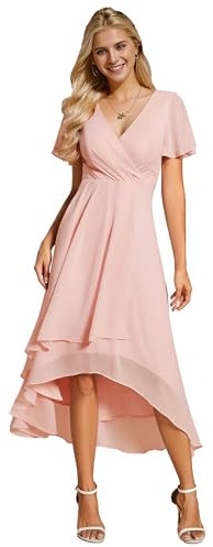 Ever-Pretty Robe D'Invité Jupe Trapèze Col en V Manches Volantées Robe Femme Chic Et Elegant Belle Robe Soirée Rose 52