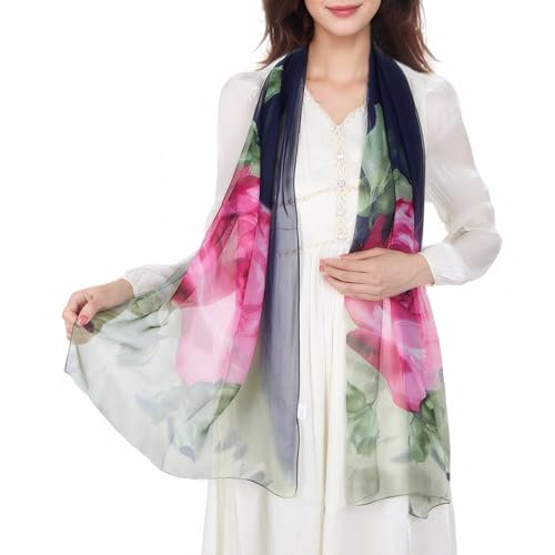 Lamca Foulard en mousseline de soie à imprimé floral pour femme, Rose-bleu marine, taille unique