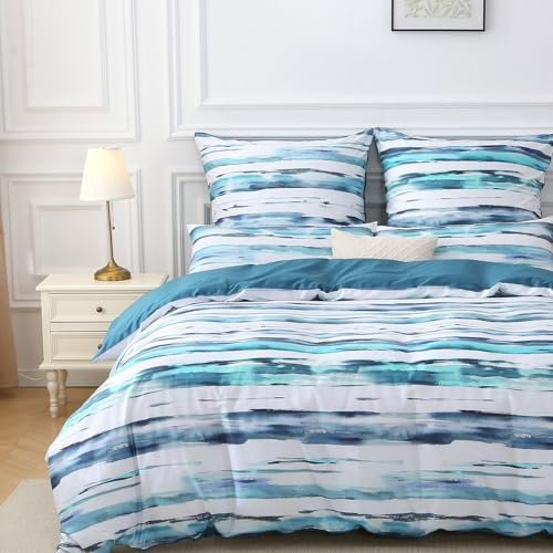 MILDLY Satin Bettwäsche 220x240 Baumwolle, Blau & Weiß Gestreiftes kühlende Bettwäsche-Sets öKotex Zertifiziert Enthält 1 Bettbezug 220x240 und 2 Kissenbezüge 80x80, Uruk