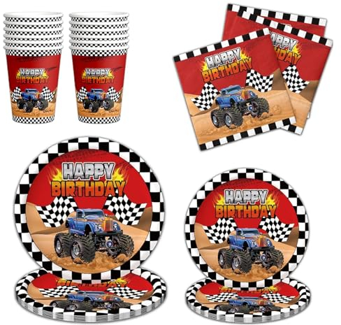 Platos y Vasos para Cumpleaños 56 Piezas Monstertruck Vajilla Cumpleaños Infantil Vajilla Desechable Platos de Papel Fiesta- Plato, Taza, Servilletas