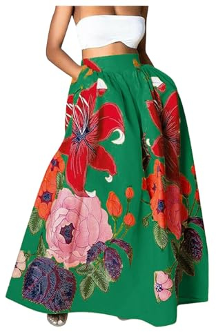 Maxirock Damen Blumen High Waist Party Lang Rock mit Tasche Blumenmuster Swing Strandrock Festlich Rock Hochzeit Cocktail Langrock