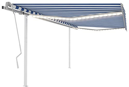 Homgoday Markise Manuell Einziehbar Gelenkarmmarkise mit LED Balkonmarkise Sonnenmarkise Sonnenschutz, Höhen und Winkel Verstellbar Markise für Terrasse Balkon 4x3 m Blau Weiß