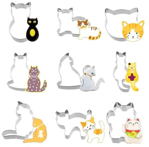 Juego de 9 cortadores de galletas de acero inoxidable, sándwich, verduras, frutas, galletas, gatos, animales, cortador de verduras para gatos, fiestas temáticas