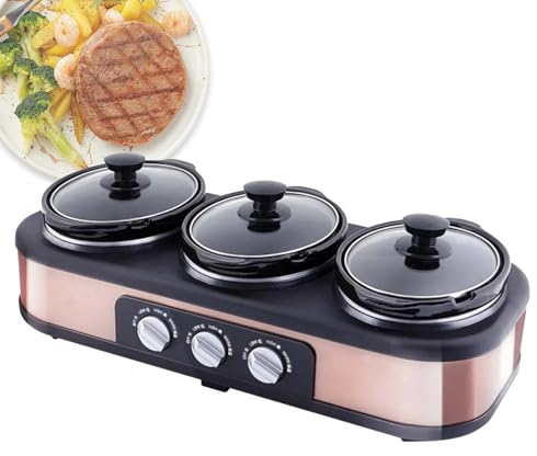 Mijoteuse de cuisine avec contrôle indépendant de la température, 3 niveaux de puissance de feu/1,5 L x 3 grande capacité, mijoteuse multifonction pour la cuisson du porridge/viande mijotée