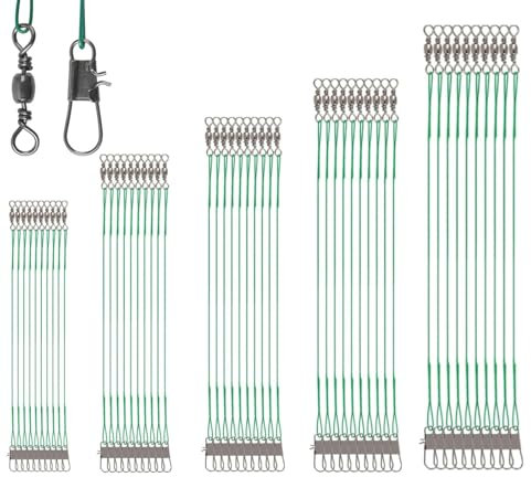 JJiaoLinin Stainless Steel Wire Traces Pike Fishing, 50 Pcs 5 Size Steel Leaders Fishing Hook Anti-Bite Wire Line with Rolling Swivels and Snaps
