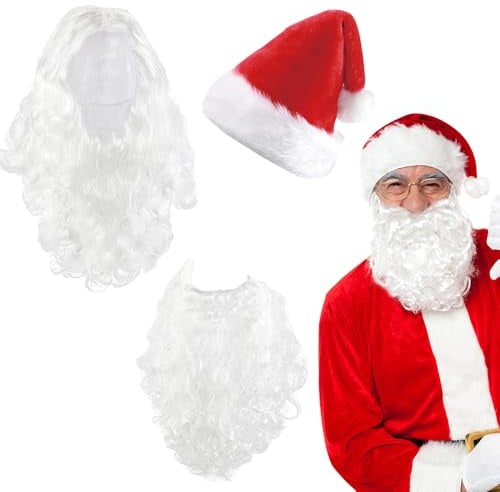 HIULLEN Weihnachtsmann Bart + Perücke + Mütze, Weihnachtsmann Kostüm, Nikolauskostüm Zubehör mit Weihnachtsmütze, Weihnachtsmannkostüm für Erwachsene Weihnachtsverkleiden Rollenspiele Weihnachtsfeier