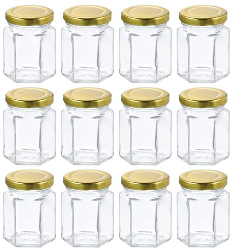 sourcing map 12pcs Hexagon Glass Honey Jars 2.7oz Small Mini Honey Jar Container with Gold Lids for Wedding Party Favors Bridal Shower