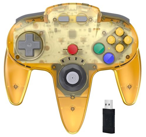 KIWITATA N64 Wireless USB Controller for Switch, 2.4ghz Rechargeable Wireless N64 Remote Joystick Controller for Switch/Switch Lite/Switch OLED, MAC, PC Windows 7,8,10,11 Clear Yellow