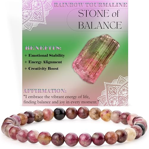 Bivei Regenbogen Tournalin - Gleichgewicht - Perlenarmband für Frauen 6mm Halbedelstein dehnbarer elastischer Schmuck Yoga Geschenke