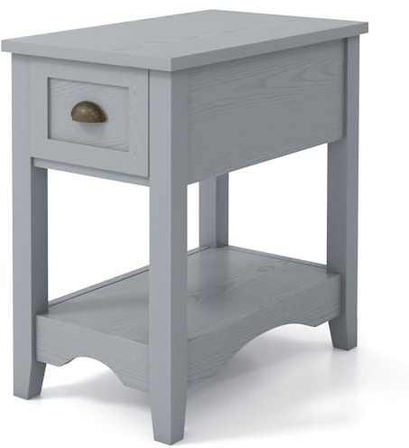 COSTWAY Slim Sofa Side Table, Wooden Nightstand Bedside End Table with Drawer, Storage Shelf & Solid Rubber Wood Legs, Narrow Accent Tea Table for Living Room Bedroom Office, 56x33x59cm (1, Grey)
