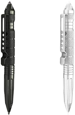 QZKJQDD Geschenke für Männer, 2 Stück Tactical Pen, Taktischer Kugelschreiber, Multitool Stift, Business-Stift aus Aluminium mit Glasbruchwerkzeug für die taktische Verteidigung (schwarz, silber)