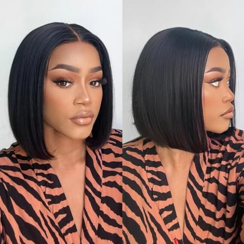 Short Bob Wig Perücke Echthaar Human Hair Glueless Wig 13x4 Lace Frontal Wig Perücke Natur Schwarz Transparent Lace Front Wig Pre Plucked with Baby Hair (black bob human hair, 8 Inch)