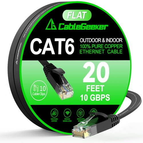 Cat 6 Ethernet Cable 20 ft, Indoor&Outdoor, High Speed 10Gbps Flat Internet Network Cable, Pure Copper Ethernet Patch Cable Long, Computer LAN Cable with Clips & Straps for Router, Modem, PS4/5, Black