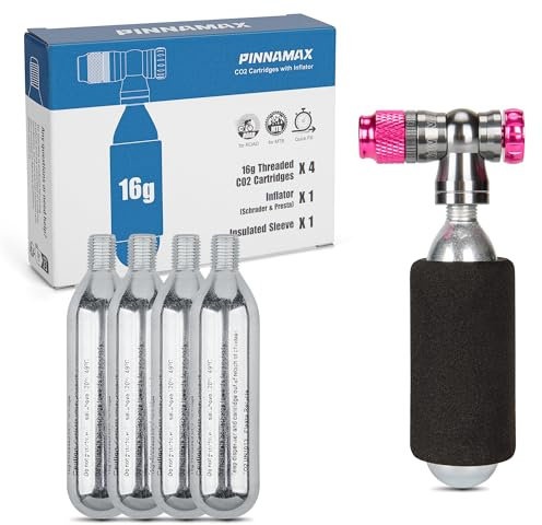 PINNAMAX CO2 Fahrradpumpe Set–CO2 Inflator mit 16g/25g CO2 Kartuschen–Kompakt, Leicht, Kompatibel mit Presta & Schrader Ventilen–Perfekt für Rennräder & MTB–Inkl.Schutzhülle (Inflator+4x16g)