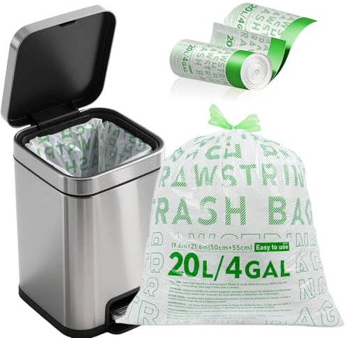 AOMKES Small Pedal Bin Liner 20L Drawstring Kitchen Bin Bags, Easy Tear-Off Transh Can Bin Liners, 60 Count Tear-Resistant Plastic Waste Bags for Bathroom Bedroom Office,Green