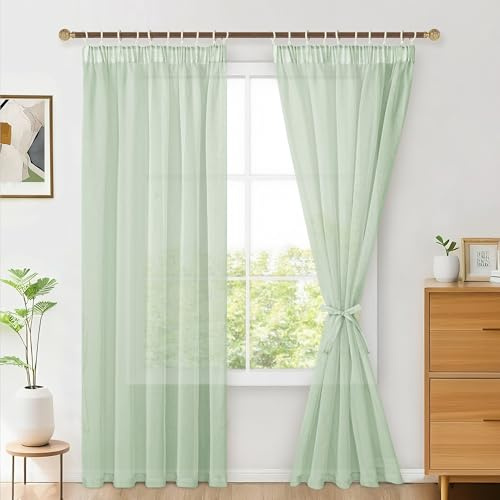 Hiasan 2er Set Sheer Voile gardinen vorhänge gardine wohnzimmer mit Kräuselband curtains scheibengardinen Vorhang Transparente Durchsichtig Luftig Dekoschal für Schlafzimmer 245x140cm(HxB) Salbei Grün