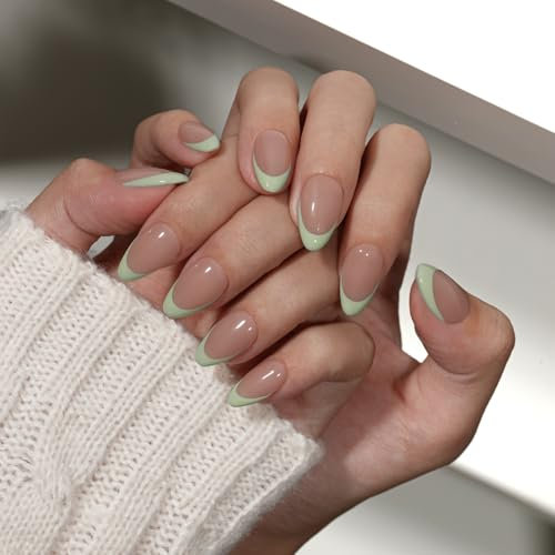 KQueenest French Tip False Nails with Glue, Pastel Light Green Press on Nails Short Almond, Natural Nude Fake Nails Press ons Stiletto, Reusable Matcha Soft Gel Stick on Nail for Women, 30 Pcs