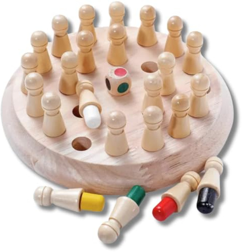 Lucknel® Montessori Gedächtnisspiel aus Holz – farbige Memory Figuren mit Farbwürfel – Lernspiel für Kinder – fördert Konzentration, Logik & Feinmotorik – Familienspiel ab 3 Jahren