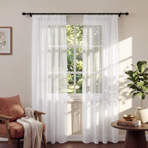 PONY DANCE White Net Curtains for Windows, W55 x L84 Inch, 2 Panels | Pencil Pleat & Slot Top Voile Sheer Curtains for Living Room & Bedroom, Lightweight, Breathable & Light Filtering