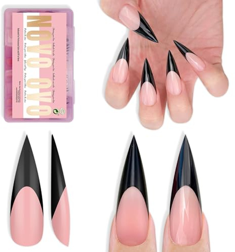 NOVO OVO Black French Tip Long XL Sharp Stiletto Nail Tips Press on BABY PINK, Soft Gel Double Matte Fake Nail Extension, Full Cover False Nails for Acrylic DIY x 16 Sizes 160 pcs