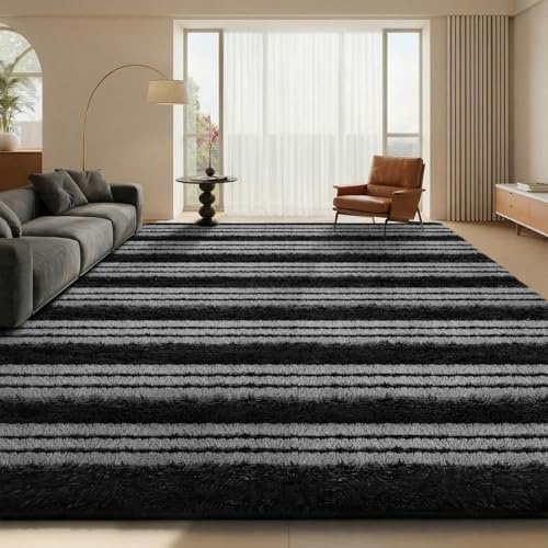 Treeboy Hochflor Teppich Streifen Schwarz and Grau Teppich Wohnzimmer 240x300 Waschbar Anti-Rutsch Extra Große Teppiche Schlafzimmer Flauschige Moderne Teppiche Matte Teppichen für Kinderzimmer
