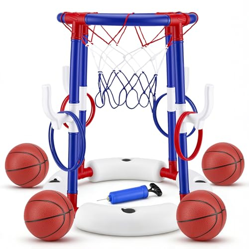 Jeu de Basket de Piscine 2 en 1, Panier de Basket Flottant avec 4 Grands Ballons & 12 Anneaux INCL. Pompe, Sport Nautique Gonflable pour Enfants Adultes Famille Amusement dans l'eau