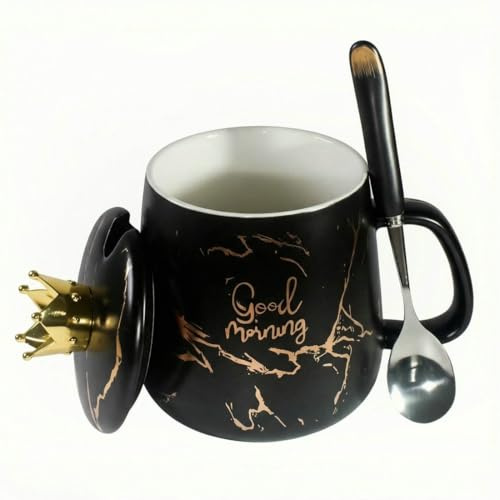 Luxury Black Gold Marble Ceramic Mug with Lid and Spoon, 450ml Large Coffee Mug, XL Tea Mug with Crown Lid Handle, Modern Cup for Latte Cocoa Cappuccino Mocha Hot Chocolate, Office Desk Home Kitchen
