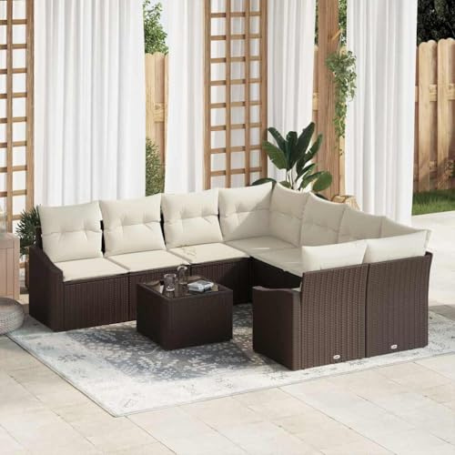 QUAHEAS Garten Sofa Set mit Kissen, 9-teilig, Braun und Creme, aus wetterfestem Poly Rattan, modulares Design für Terrasse und Balkon, höhenverstellbarer Tisch