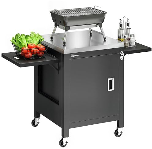 Outsunny Desserte jardin chariot de barbecue sur roulettes îlot de cuisine plateau en acier inoxydable placard Porte-Serviettes, Ouvre-Bouteille 140,5 x 68 x 89 cm Noir