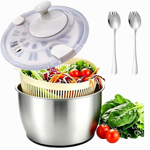W&H Salatschleuder Edelstahl 5L,Salad Spinner mit Siebkorb und Drehdeckel | Spülmaschinengeeignet ,BPA -frei Salatschleudern für Obst Gemüse Salat Zubereitung，Küchenhelfer Salatschleudern für Haushalt