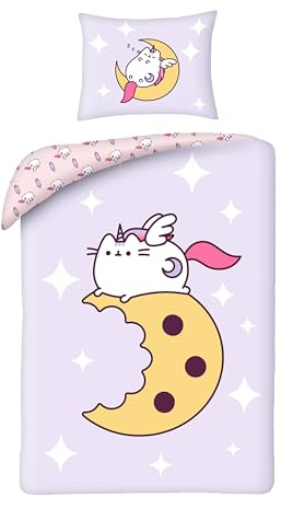 Pusheen Einhorn Keks Mond Bettwäsche 140x200 + Kissenbezug 70x90 Katze | Wendebettwäsche Einzelbett | Mikrofaser ultra weich Oeko-Tex | Offizielle Lizenz | Mädchen & Teenager | Geschenk