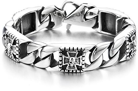 COOLSTEELANDBEYOND Herren Edelstahl Panzerkette Armband mit Kreuz und Schädel, Biker Gotik, Vintage Poliert