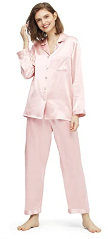 LilySilk Pyjama Soie Femme Vêtement de Nuit Poche Poitrine 2 Pièces Pyjama Long Col Boutonné Manches Longues Fonctionnelle 19 Momme (Large, Rose Clair)