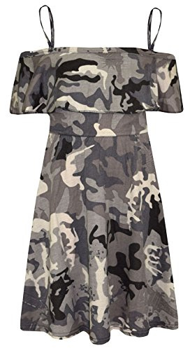 A2Z 4 Kids Girls Skater Dress Summer Party Dance Sun Dresses - Off Shoulder Dress Camo Charcoal 7-8