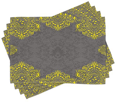 ABAKUHAUS Grey and Yellow Place Mats Set of 4, Traditional Victorian Style Abstract Backdrop Floral Frame Image, Washable Fabric Placemats for Dining Room Kitchen Table Decor, Grey Yellow